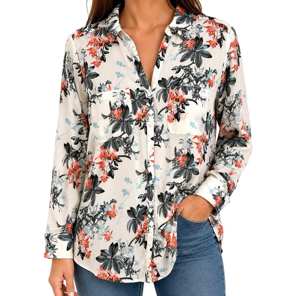 Talbots Nantucket Sz 1X Black White Floral Tropical Blouse Shirt Top Artsy